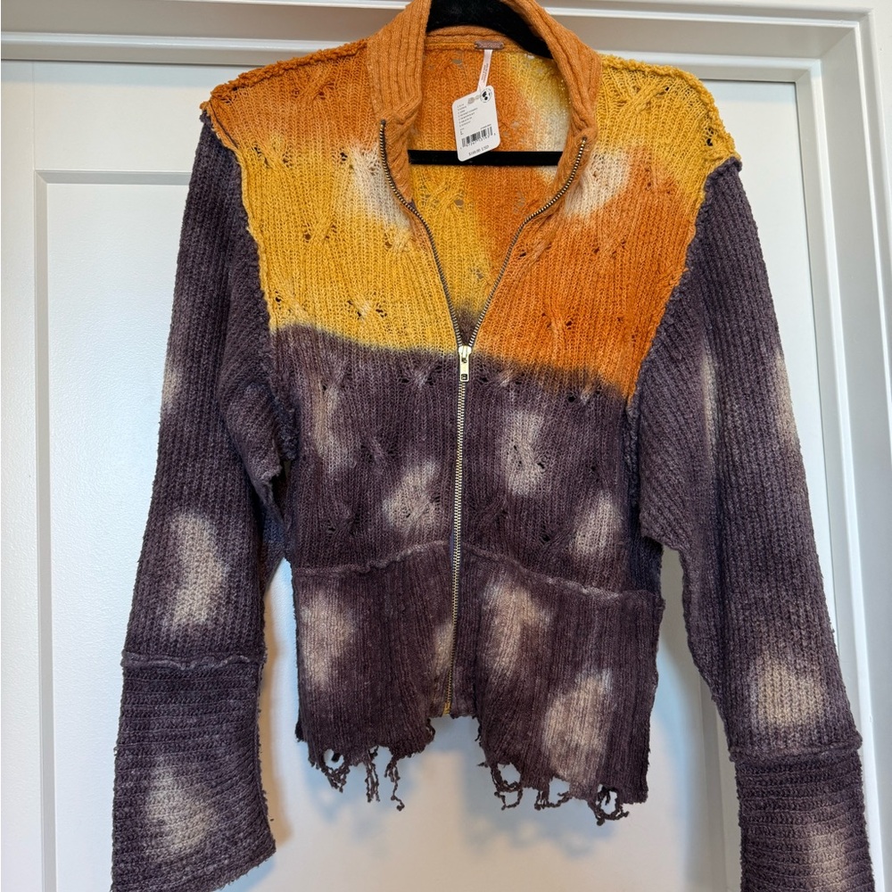 Colorful Distressed Zip-Up Sweater